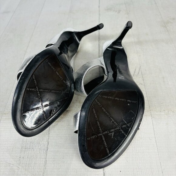 Calvin Klein REMA Metallic Silver Leather Double Band Slide Heel Sandals Sz 7.5M - Picture 11 of 16